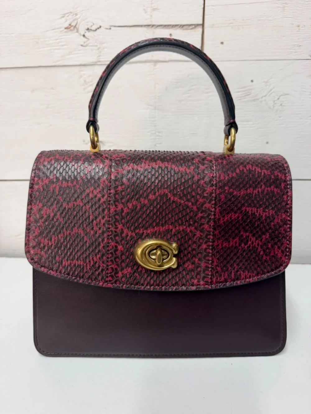 NWT COACH Parker Top Handle In Blocked Snakeskin - Brass/Deep Red